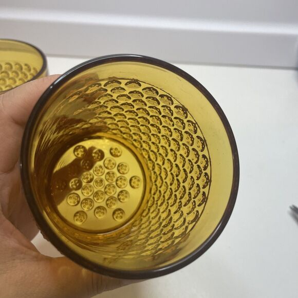 A Pair Hobbs Brockunier? Dew Drop Tumblers France Glass Hobnail 3.25”H Amber - Picture 7 of 12